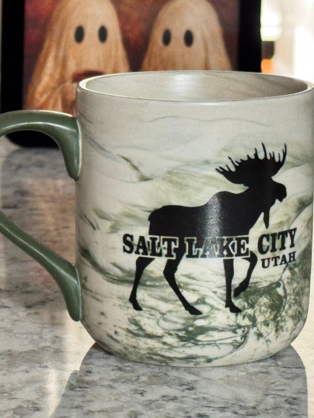 Salt Lake City Utah Moose Souvenir Ceramic Mug Green Marble Cabin Rustic